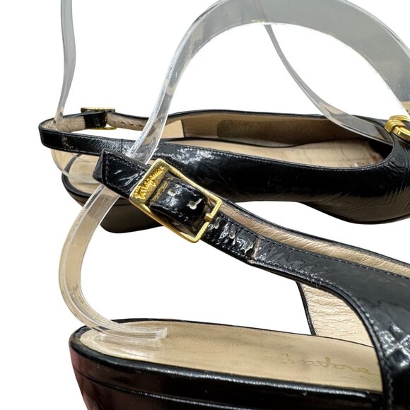 Salvatore Ferragamo Black Patent leather peep toe slingback heels Women's sz 7B - Picture 9 of 12